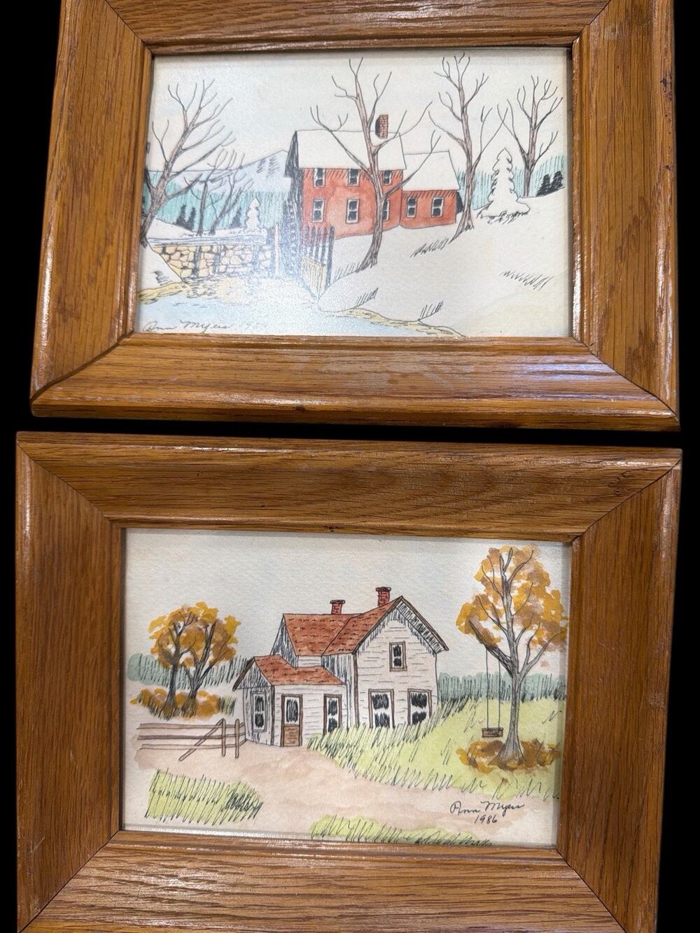 Original Watercolor Farmhouse Paintings Signed Ann Myers Pair Framed Folk Art